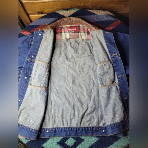 Vtg Marlboro Country Store Denim Jean Jacket Mens Large Button Up Leather Collar - Picture 6 of 12